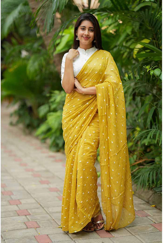 CHANDERI EMBROIDERED SAREE WITH READY MADE COTTON EMBROIDERED BLOUSE