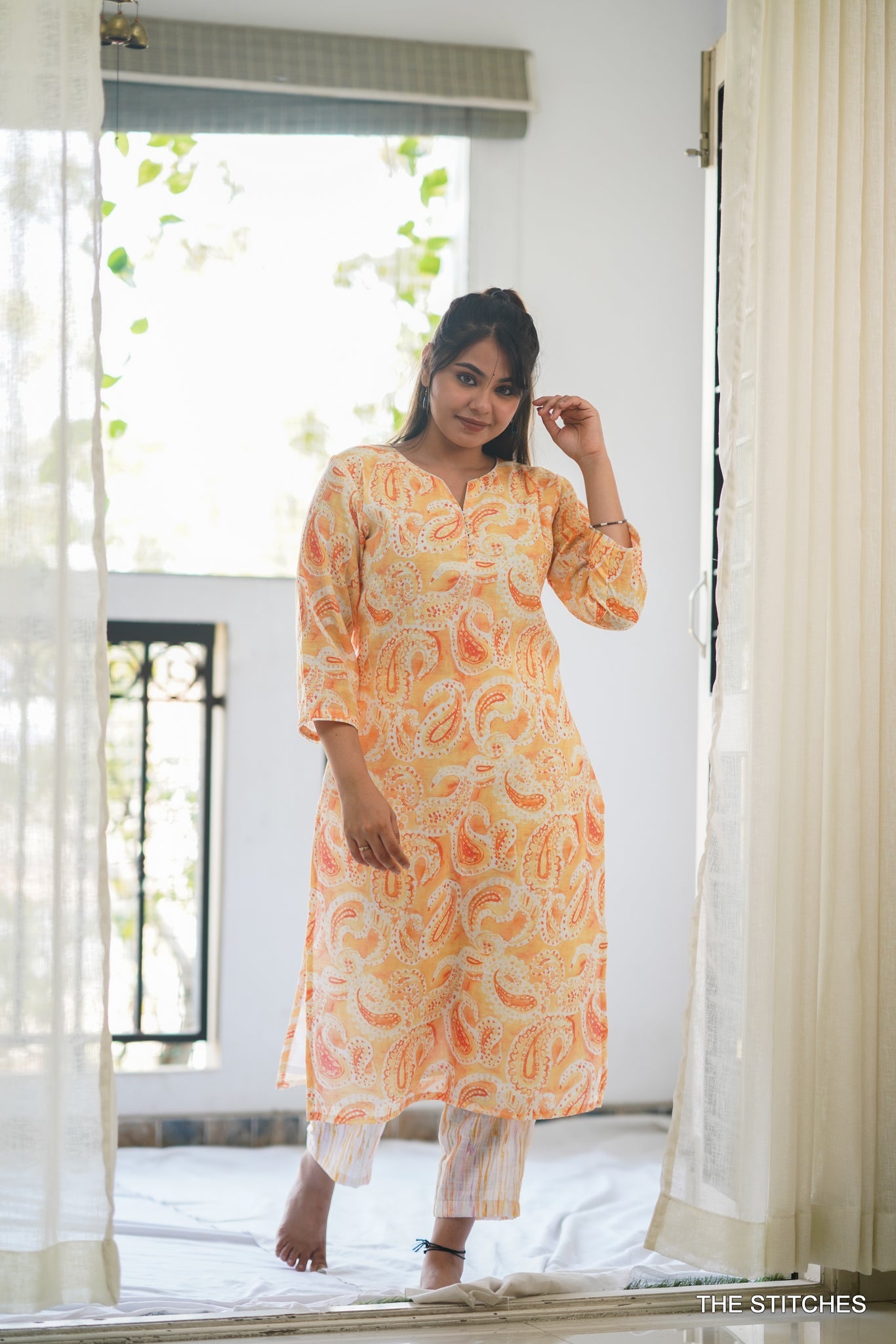 Paisley print Semi Linen (Mustard) - KURTI ONLY